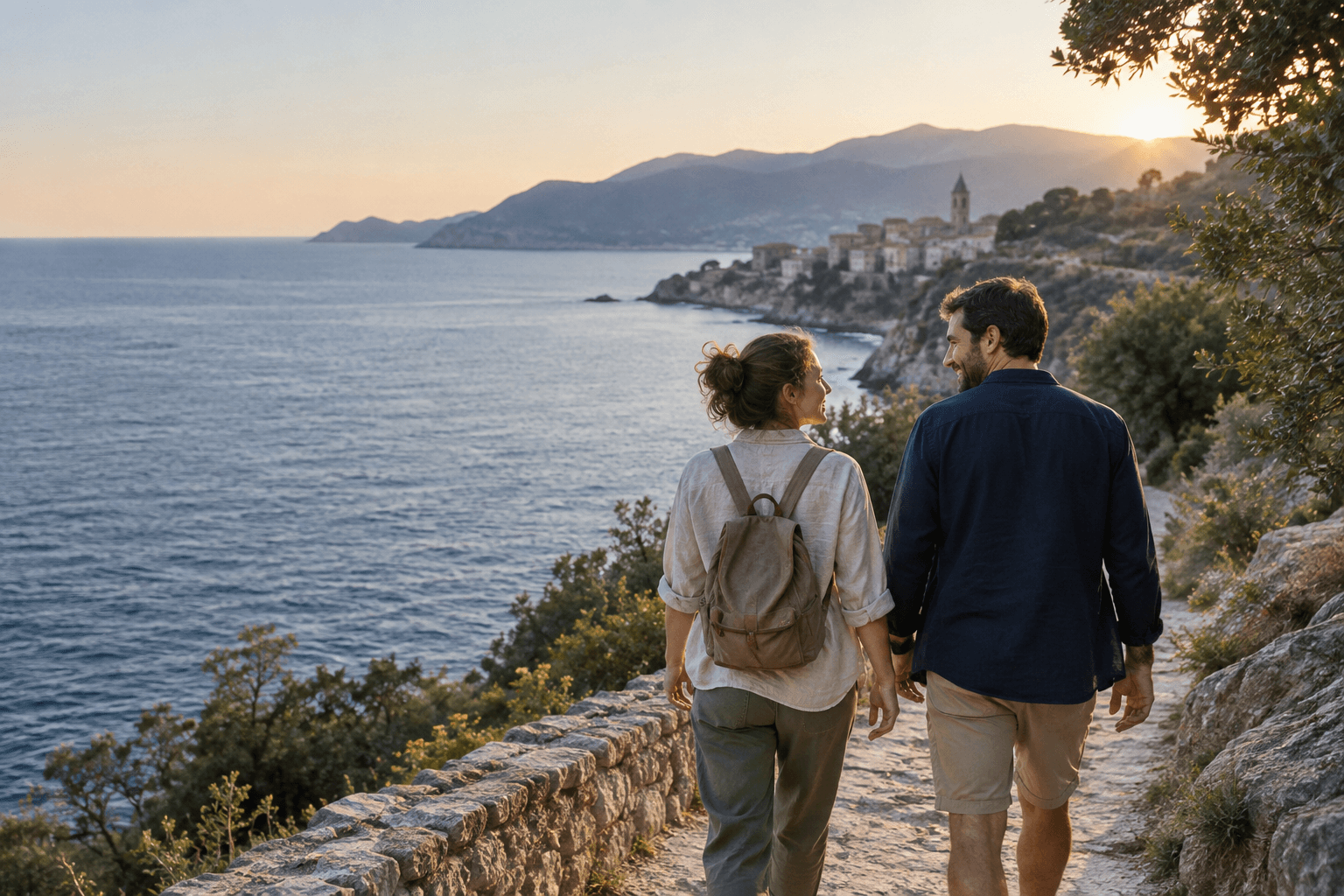 A couple on a walk together along the coast.