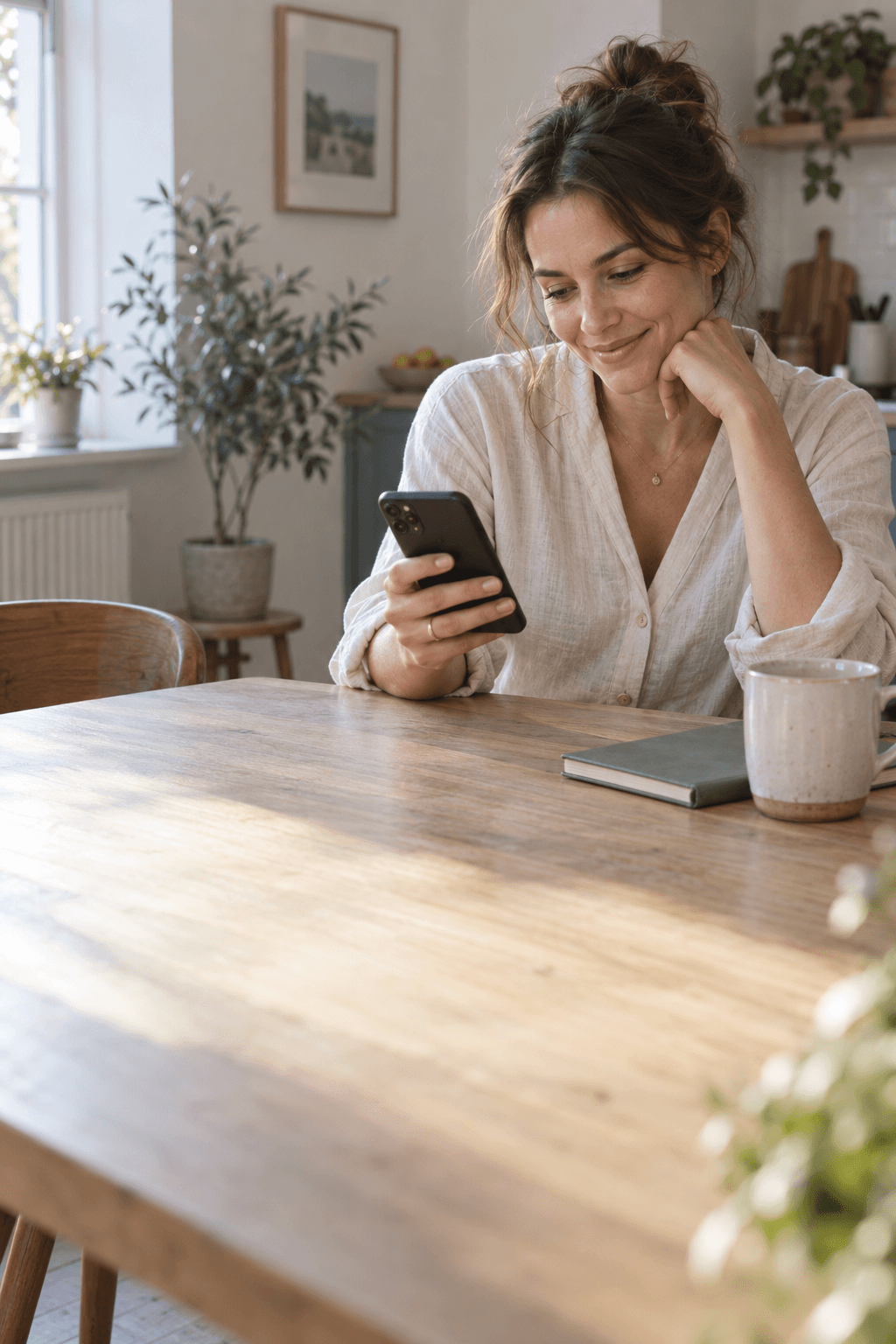 A woman with a phone at a table in a bright home.