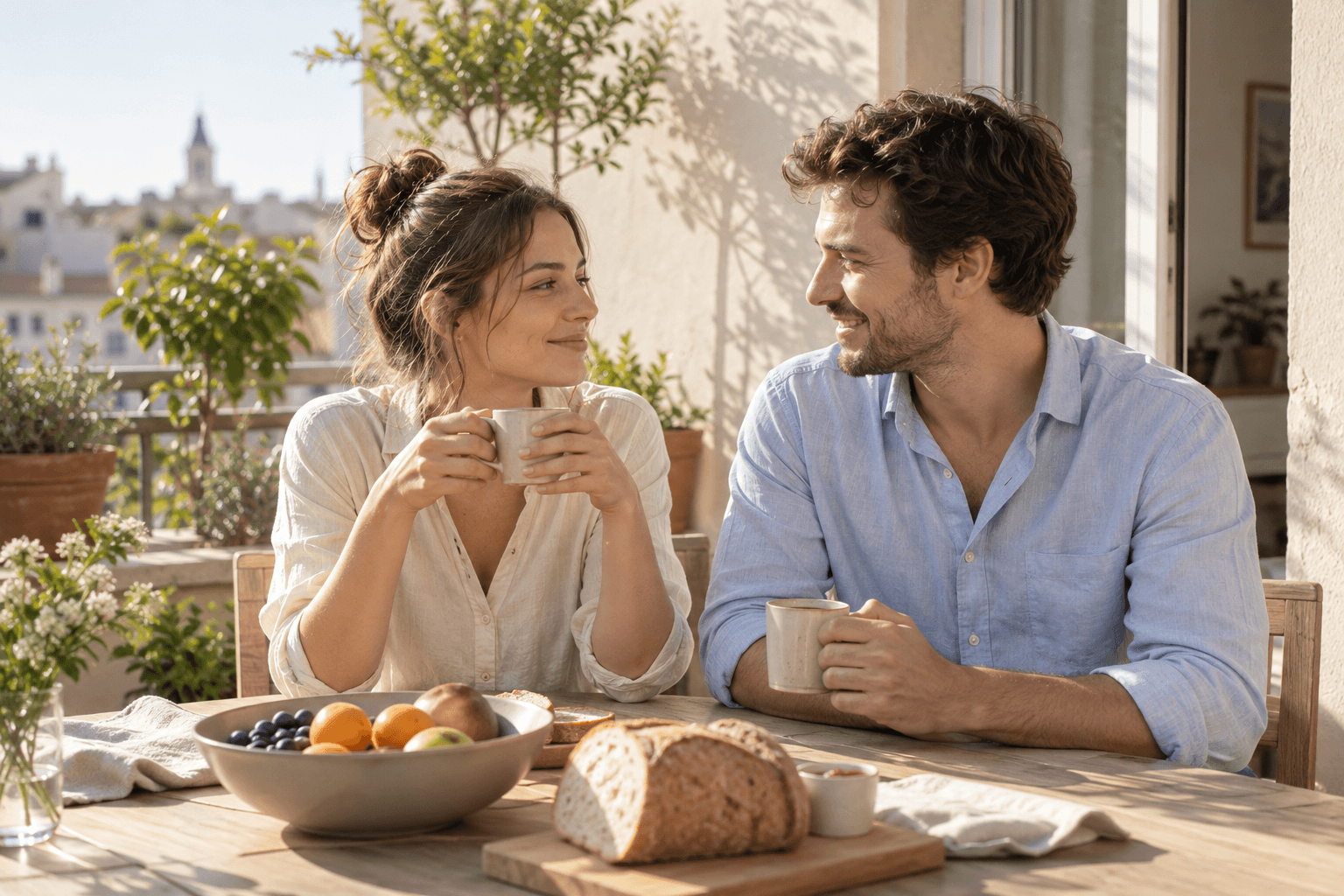 A couple having breakfast on a sunny terrace.